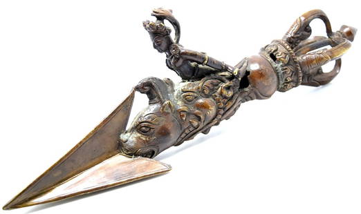 EXCLUSIVE TIBETAN BUDDHISM BRONZE VAJRA DAGGER: A rare piece. This Bronze dagger is intricately carved as you can see from the photos. These are difficult to find in today's market as this type of workmanship is not being produced these days.~ . Si