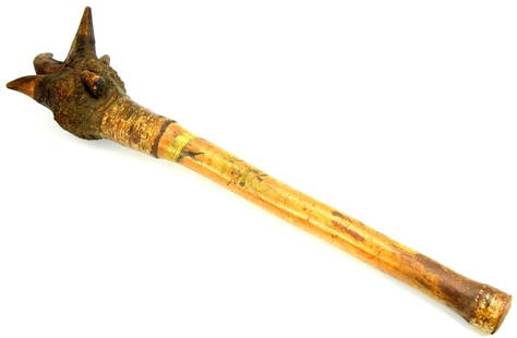 RARE Antique Native American Wendigo Carved Root War Club: Rare antique Native American Penobscot carved root tribal war club. The clubs handle features a hand carved Indian motif terminating with the carved head of the figure. The Penobscot (Panawahpskek) ar