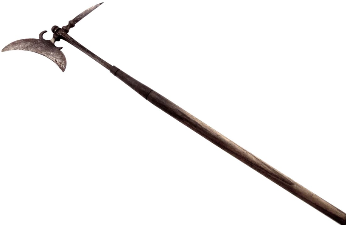 ANTIQUE FRENCH GERMAN OR ITALIAN FOOT SOLDIER'S WAR HAMMER BATTLE AXE. MOUNTED AS POLEARM ON A VERY: ANTIQUE FRENCH GERMAN OR ITALIAN FOOT SOLDIER'S WAR HAMMER BATTLE AXE. MOUNTED AS POLEARM ON A VERY LONG WOOD HAFT. HEAD IS ENGRAVED WITH DECORATIONS. CONDITION IS FAIR WITH AGE WEAR AND PATINA, OLD R