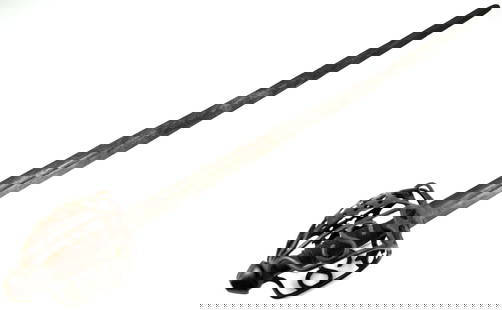 17th-18th Century Scottish Basket Hilt Sword: Late 17th - early 18th Century Scottish Basket Hilt Sword. Straight single fuller blade. Hilt of typical form, pierced with arrowheads and circular holes. luted dome pommel. Wire-wrapped grip. Blade i