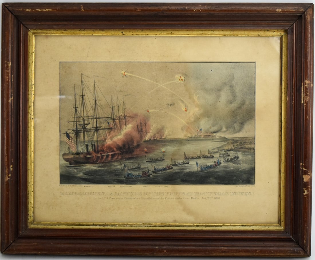 Bombardment & Capture of the Forts at Hatteras Inlet, N.C.: by the U.S. Fleet Aug. 27th 1861: "Bombardment & capture of the forts at Hatteras Inlet, N.C. by the U.S. Fleet under Commodore Stringham and the Forces under Gen. Butler, Aug. 27, 1861." Lithograph published by Currier and Ives. Size