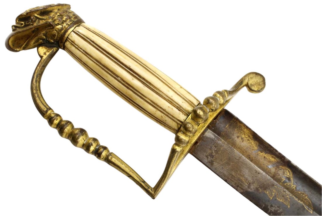 Nice Circa 1830s-1850s American US Officer's Eagle Head Sword with Gilt Mounts and Blued & Gilt Blad: Nice Circa 1830s-1850s American US Officer's Eagle Head Sword with Gilt Mounts and Blued & Gilt Blade Decorations. Lovely Carved One-piece Bone Grip. Total length (inside scabbard if present) : 35 3/4