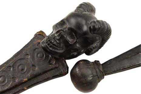 Wicked Antique Satanic Occult Ritual Dagger with Large Horned Skull Pommel Representing the devil he: Wicked Antique Satanic Occult Ritual Dagger with Large Horned Skull Pommel Representing the devil head and Catholic Christian Christ Crucifix to the Guard. Metal Mounts with Ornate Tooled Leather Cove