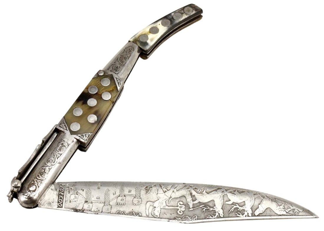 Exhibition Quality Antique Spanish Toledo NAVAJA Folding Knife with Profusely Etched Blade & Steel M (1 of 20)