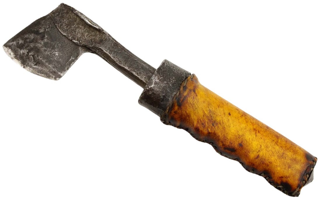 Interesting 18th-19th C. Native American Indian Small Work Axe or a Squaw Ax of Primitive Iron Const: Interesting 18th-19th C. Native American Indian Small Work Axe or a Squaw Ax of Primitive Iron Construction with a Buffalo Hide Covered Grip. Total length (inside scabbard if present) : 9 1/2", Blade 