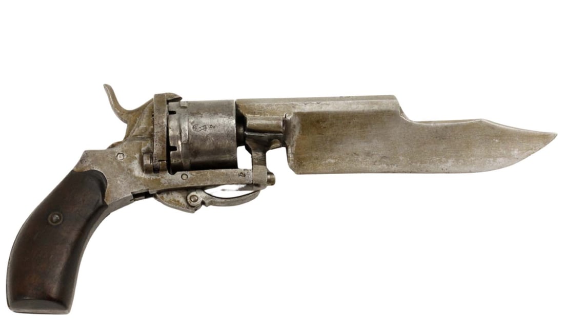 Rare 19th C. Belgian or French Combination Knife Cutlass Revolver Pistol with Very Robust Blade & Cr: Rare 19th C. Belgian or French Combination Knife Cutlass Revolver Pistol with Very Robust Blade & Crowned ELG Maker Mark. Very Cool and Seldom Encountered Weapon. Total length: 9 1/4". DEAR BIDDERS, P