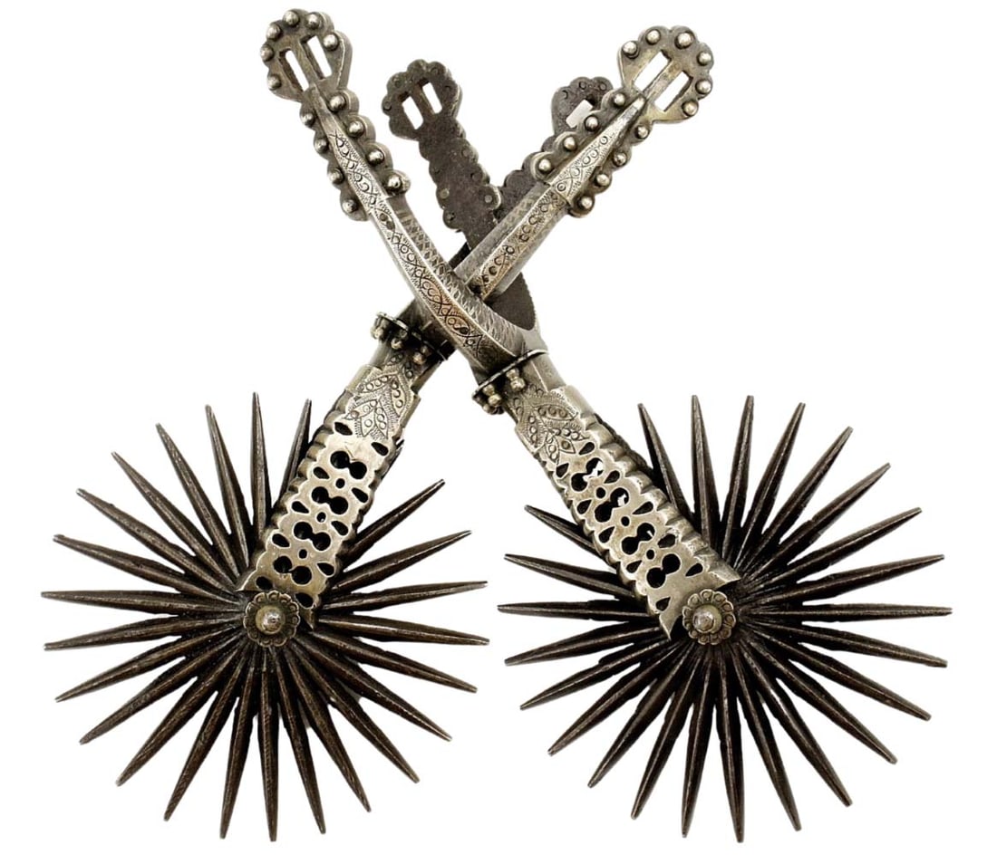 Beautiful Pair of 18th C. Spanish or Mexican Large Iron Spurs with Silver Mounts. (1 of 20)