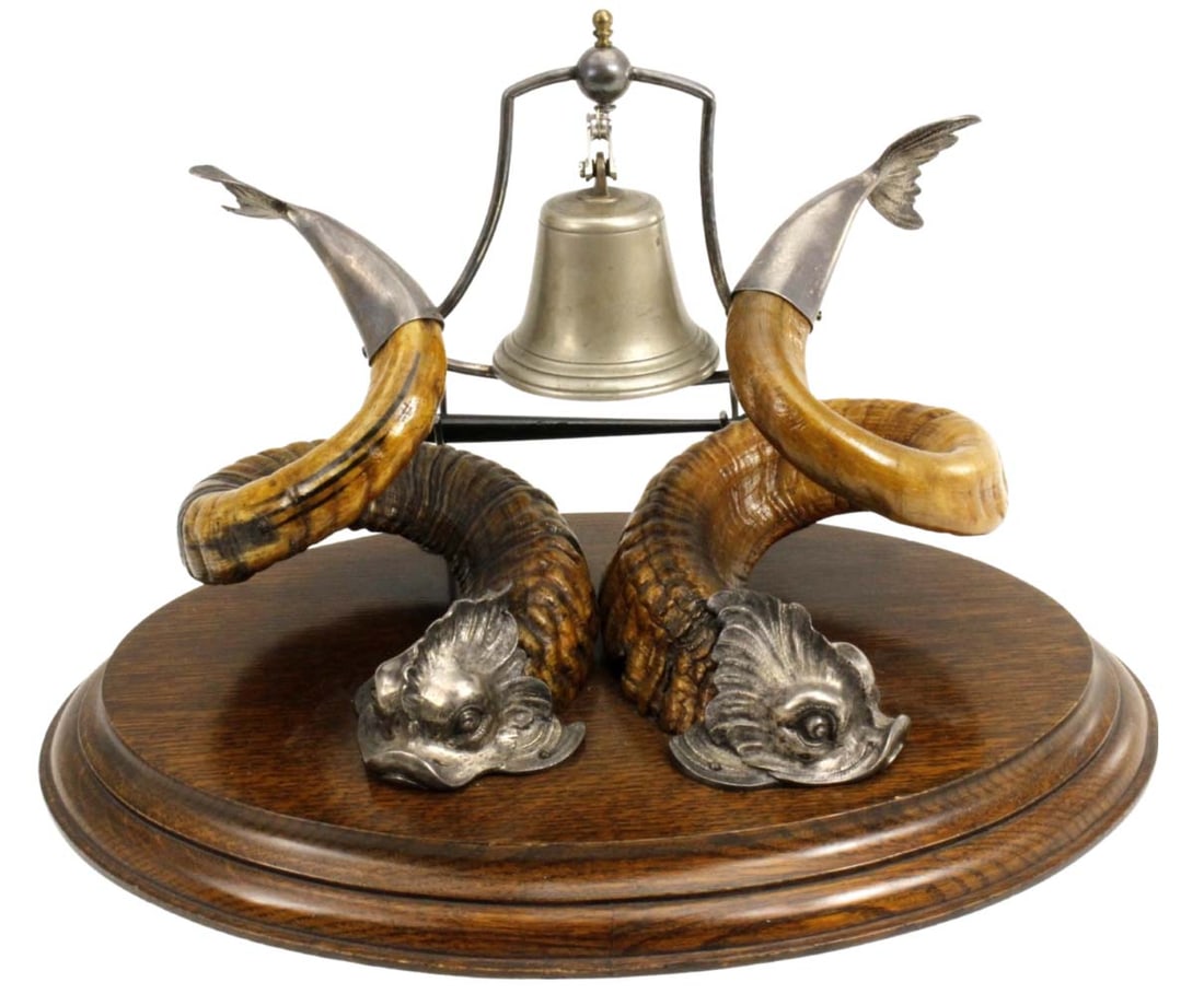 Fabulous 19th C. English or Scottish Navy Captain's Table Bell of Ram Horns with Awesome Serpent Sil (1 of 20)