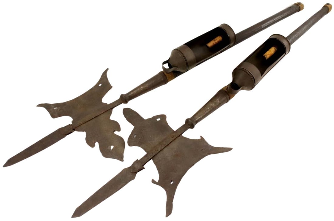 Interesting Pair of Early Swiss or German Prison Guard's Halberd Polearms with Candle Lanterns & Old (1 of 20)