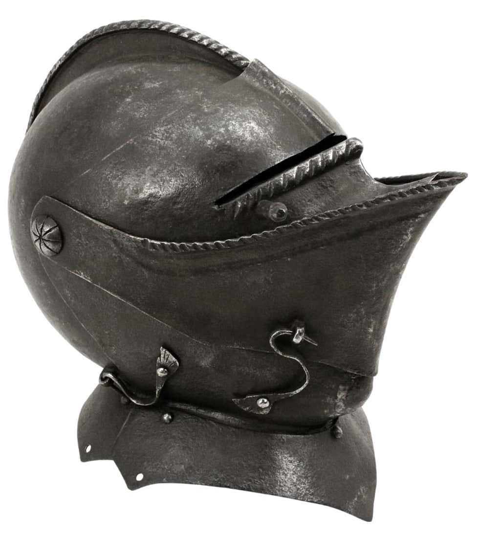 Very Good German or English Closed BURGONET Helmet for the Military Knight's Suite of Armor. Of Stro: Very Good German or English Closed BURGONET Helmet for the Military Knight's Suite of Armor. Of Strong Blackened Steel with Nice Ridged Details. A Very Attractive Piece Overall, Probably Mid 16th C. o