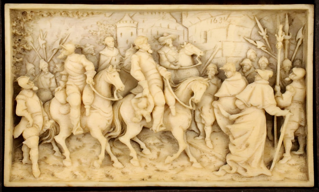 Exceptional Quality 17th C. Carving Dated 1631 Depicting a French or English King & Knights in Armor (1 of 9)