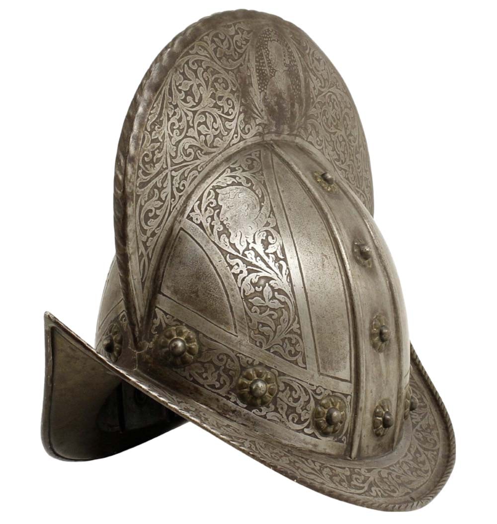 Very Nice Victorian era Etched Steel Spanish or Italian CABASSET Morion Helmet of 17th C. Style, wit (1 of 18)