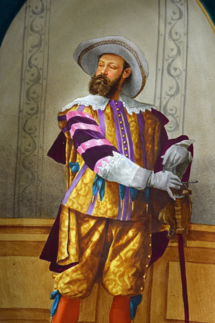 BEAUTIFUL ANTIQUE 19TH C. PORCELAIN PLAQUE PAINTING OF A 16TH-17TH C. GERMAN CAVALIER IN FINE CLOTHE (1 of 5)