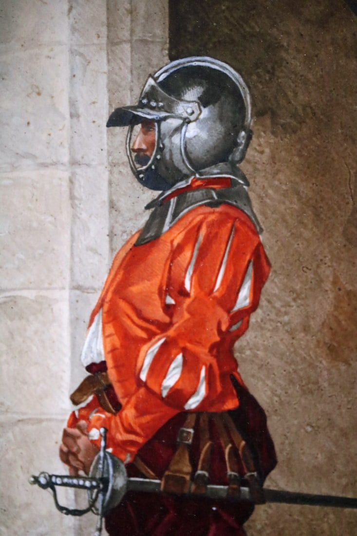 VERY NICE ANTIQUE 19TH C. PORCELAIN PLAQUE PAINTING OF A 17TH C. SPANISH OR GERMAN GUARD SOLDIER WIT (1 of 5)