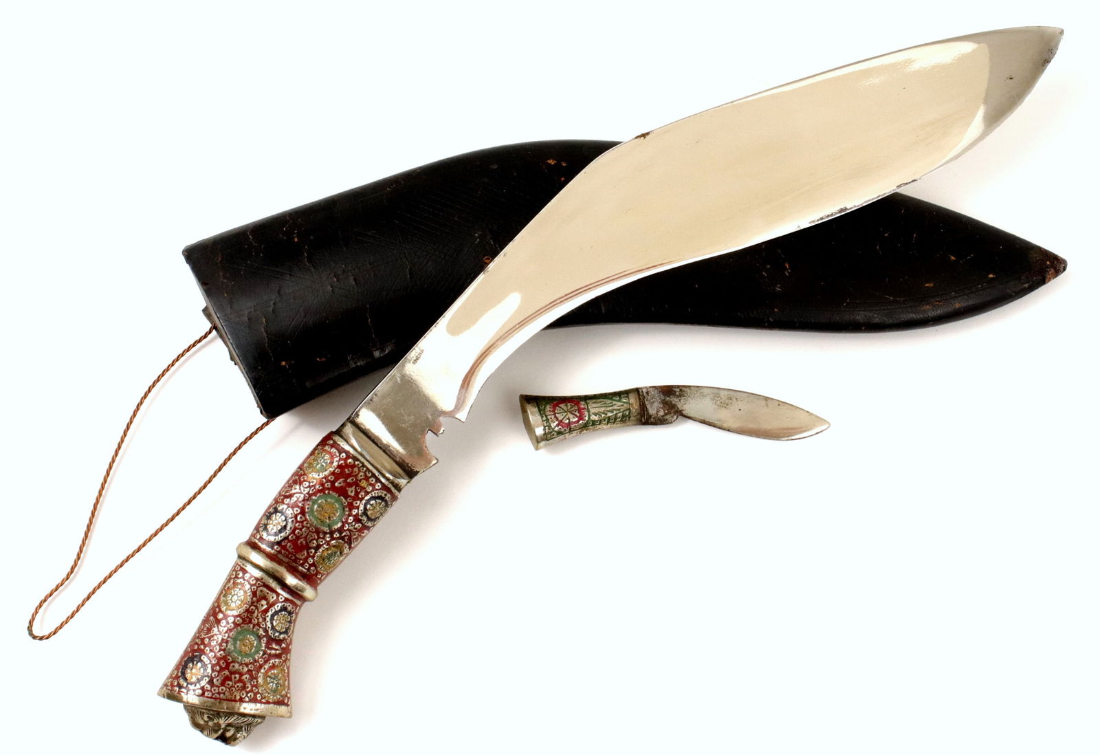 Very Attractive Indian Nepalese KUKRI Dagger Knife with Enamel Inlaid Grip & Strong Blade.: Very Attractive Indian Nepalese KUKRI Dagger Knife with Enamel Inlaid Grip & Strong Blade. Total length (inside scabbard if present) : 16", Blade length : 9 1/2". ~~ . Detailed condition reports are n
