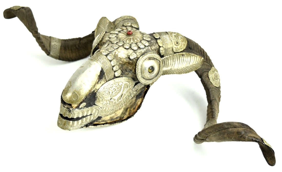 Shamanic Silver Overlaid Tibetan Goat Skull: Shamanic Silver Overlaid Tibetan Goat Skull. ~~ . Detailed condition reports are not included in this catalog. For additional information, including condition reports, please contact us at info@sofede