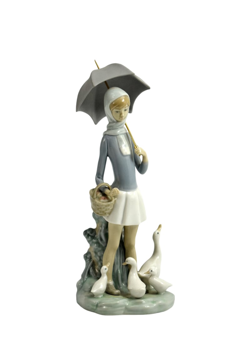 Lladro-Retired Girl with Umbrella & Geese, Dated 1977. (1 of 5)