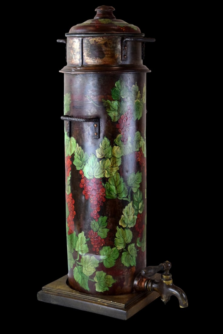 Rare Antique German Commercial Wine Filter: Hard to find an antique German wine filter. The filter is constructed with an enamel painted lightweight metal frame. Great decor with grapes and grapes leaves. It has handles to each side and include