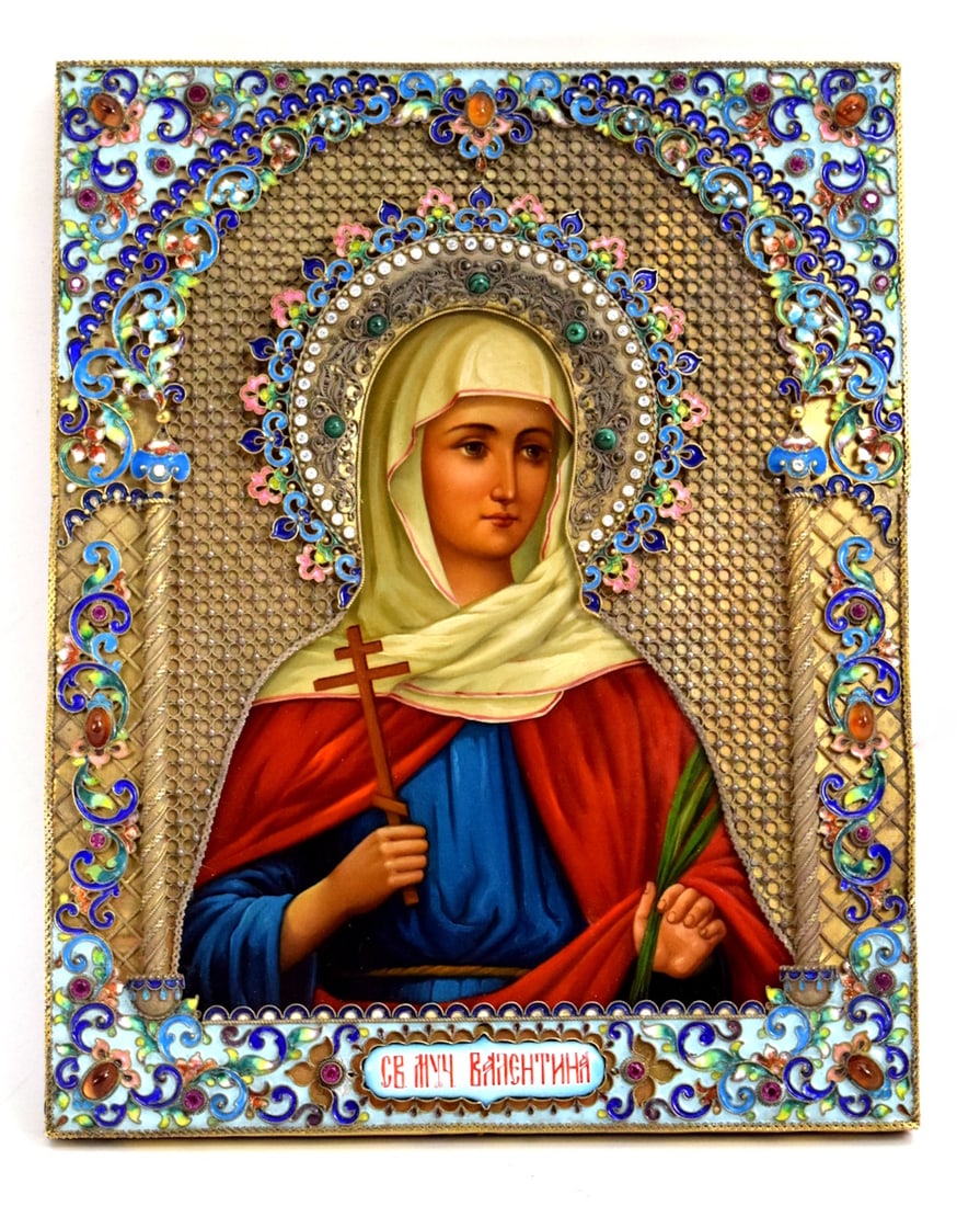 Exceptional Quality Russian Enamel Over Gilt Silver Mounted Icon of Holy Martyr Valentina, Created (1 of 10)