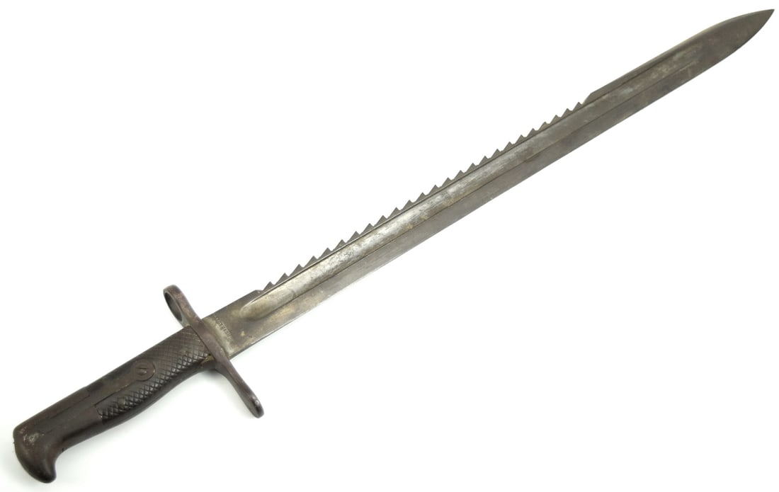 WWI Swiss Sawback Bayonet used on VETTERLI rifle: WWI Swiss Sawback Bayonet used on VETTERLI rifle. marked at ricasso - Neuhausen. Total length (inside scabbard if present) : 23 1/2", Blade length : 18 1/2". ~~ . Detailed condition reports are not in