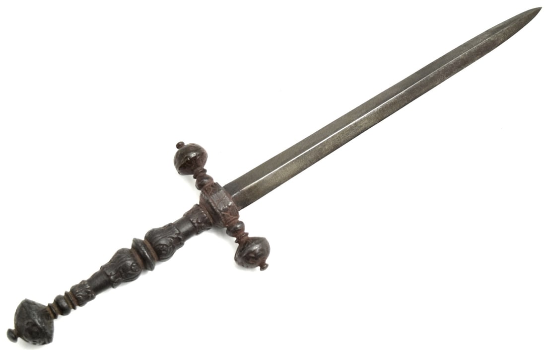 STILETTO DAGGER WITH CHISELED HILT ~ ITALIAN: Italian STILETTO Dagger with Chiseled Hilt ~ Probably 19th C ( Victorian period). Total length (inside scabbard if present) : 10 1/8", Blade length : 6 5/8". ~~ . Detailed condition reports are not in