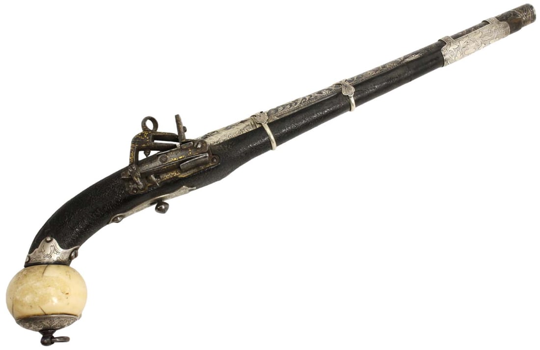 High Quality 19th C. Russian Caucasian Warrior's Miquelet Pistol, Rare Heavy Niello Silver Overlaid: High Quality 19th C. Russian Caucasian Warrior's Miquelet Pistol, Rare Heavy Niello Silver Overlaid Barrel, Gold Inlaid Maker Marked Lock, Fine Engraved Silver Mounts, Original Shagreen Leather Stock 