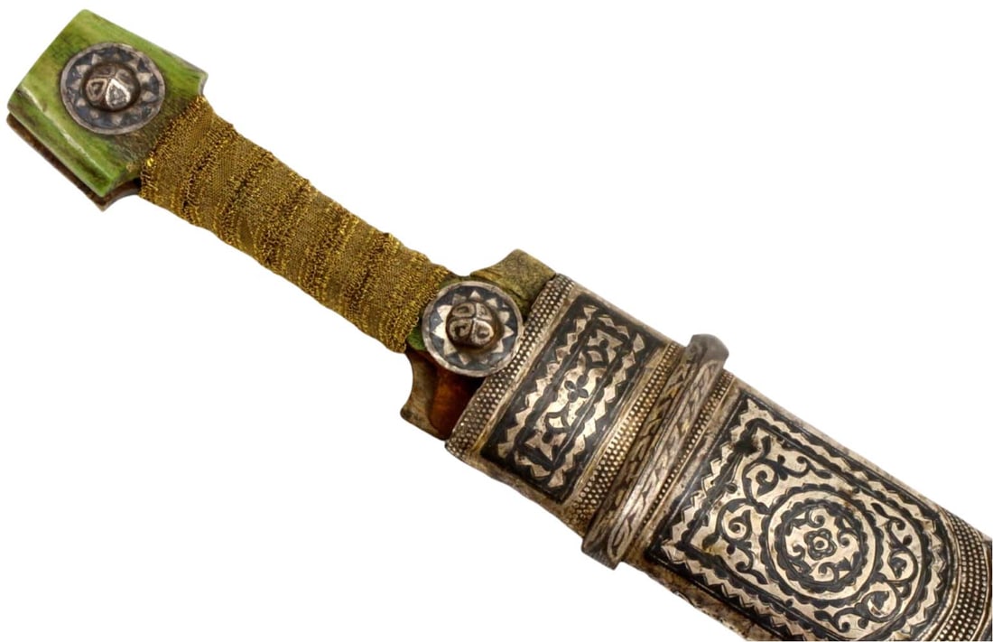 Scarce Imperial Russian Caucasian Armenian KINJAL Dagger with Distinctive Niello Silver Patterns &: Scarce Imperial Russian Caucasian Armenian KINJAL Dagger with Distinctive Niello Silver Patterns & Bone Grips Dyed Green to Front Side. Strong Maker Marked Blade. Total length (inside scabbard if pres
