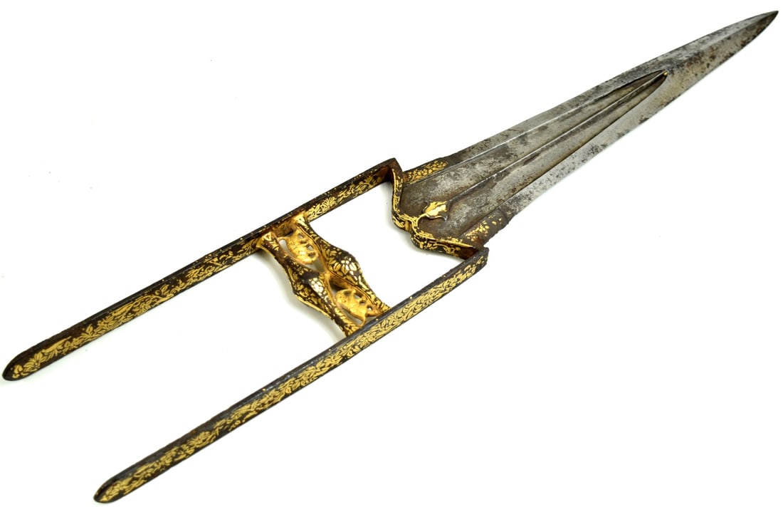 Very Good 17th-18th C. Mughal Indian KATAR Dagger with Intense Gold Decorations. Most Likely Wootz: Very Good 17th-18th C. Mughal Indian KATAR Dagger with Intense Gold Decorations. Most Likely Wootz Damascus Blade. Total length (inside scabbard if present) : 18 1/8", Blade length : 10". ~ . Detailed