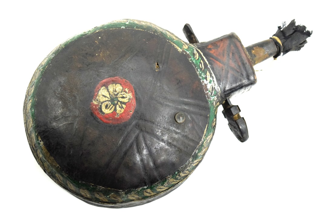Large 19th C. Middle Eastern Islamic Arabic Leather & Wood Powder Flask for a Rifle, with Hand: Large 19th C. Middle Eastern Islamic Arabic Leather & Wood Powder Flask for a Rifle, with Hand Painted Decorations. Size: 9 1/2" x 6 1/8" x 2". ~ . Detailed condition reports are not included in this 