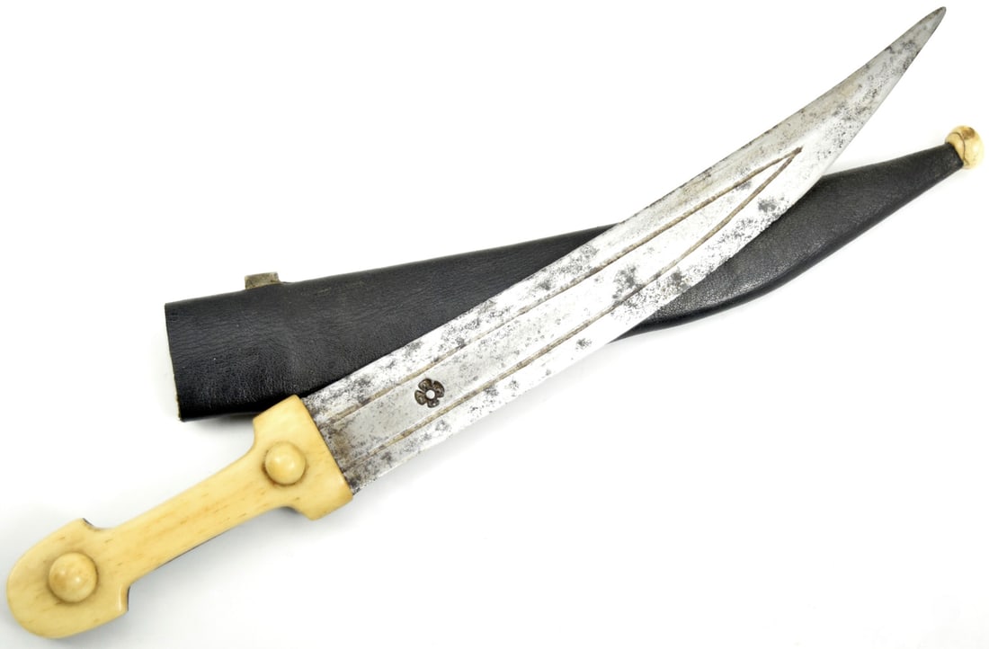 Scarce 19th C. Russian Caucasian BEBUT KINJAl Dagger with Bone Hilt & Mounts. Maker Marked Blade.: Scarce 19th C. Russian Caucasian BEBUT KINJAl Dagger with Bone Hilt & Mounts. Maker Marked Blade. Total length (inside scabbard if present) : 13", Blade length : 8 1/2". ~ . Detailed condition reports
