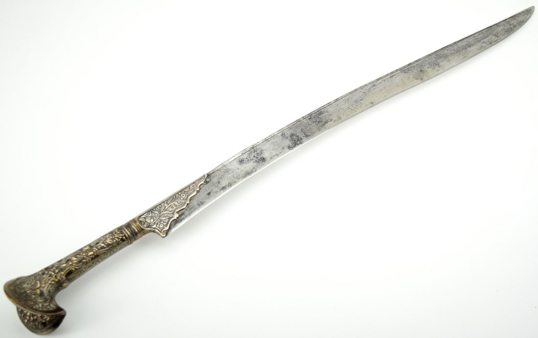 Nice 19th C. Ottoman Greek or Balkan YATAGAN Sword with Ornate Silvered Copper Hilt & Faint Silver (1 of 20)