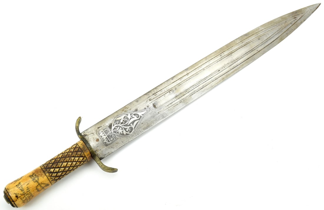 Unusual 19th c. Ottoman Balkan Large KINJAL Dagger with Silver Inlaid Decorations & Fine Carved: Unusual 19th c. Ottoman Balkan Large KINJAL Dagger with Silver Inlaid Decorations & Fine Carved Grip. Total length (inside scabbard if present) : 31", Blade length : 16 1/4".~ ~ . Detailed condition r