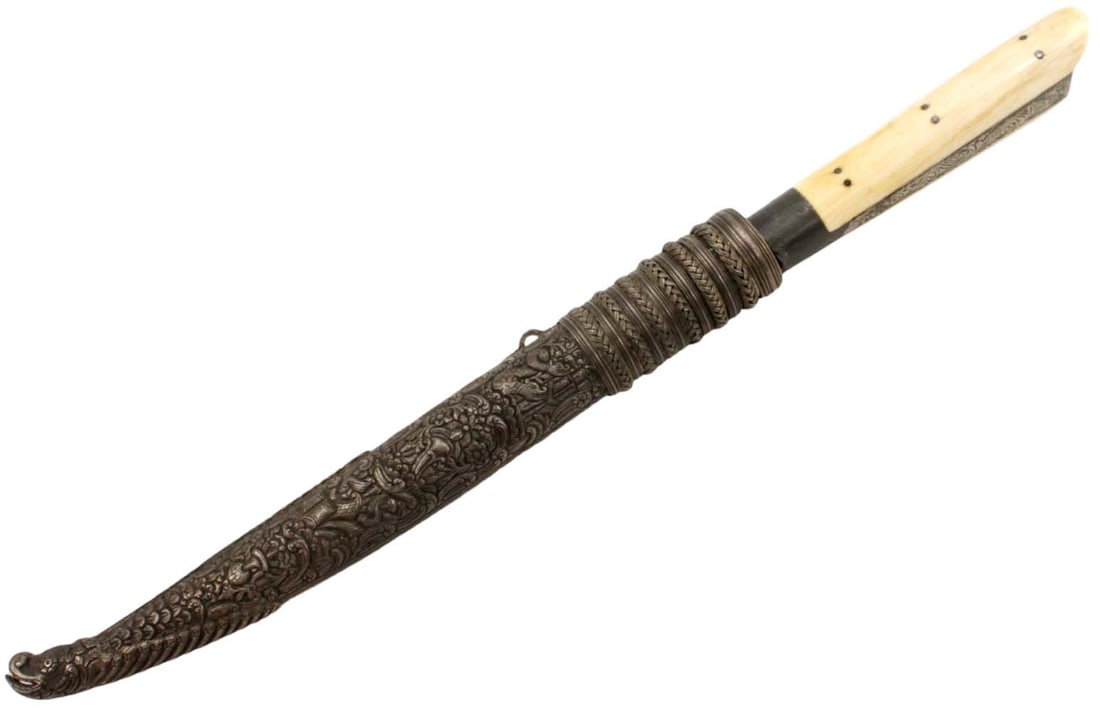 Fine 19th C. Large Ottoman Turkish or Greek BICHAK Dagger in Fabulous Heavy Silver Scabbard, (1 of 18)