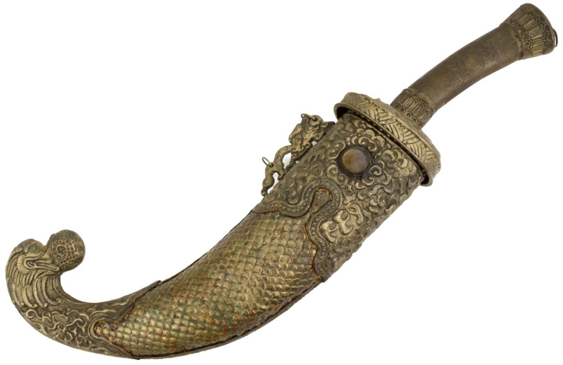 Large Antique Asian Chinese Tibetan or Mongolian Temple Sword Dagger with Ornate Low Grade Silver: Large Antique Asian Chinese Tibetan or Mongolian Temple Sword Dagger with Ornate Low Grade Silver Mounts & Large Stones. Total length (inside scabbard if present) :25 ", Blade length : 12 1/2 ". ~ . P