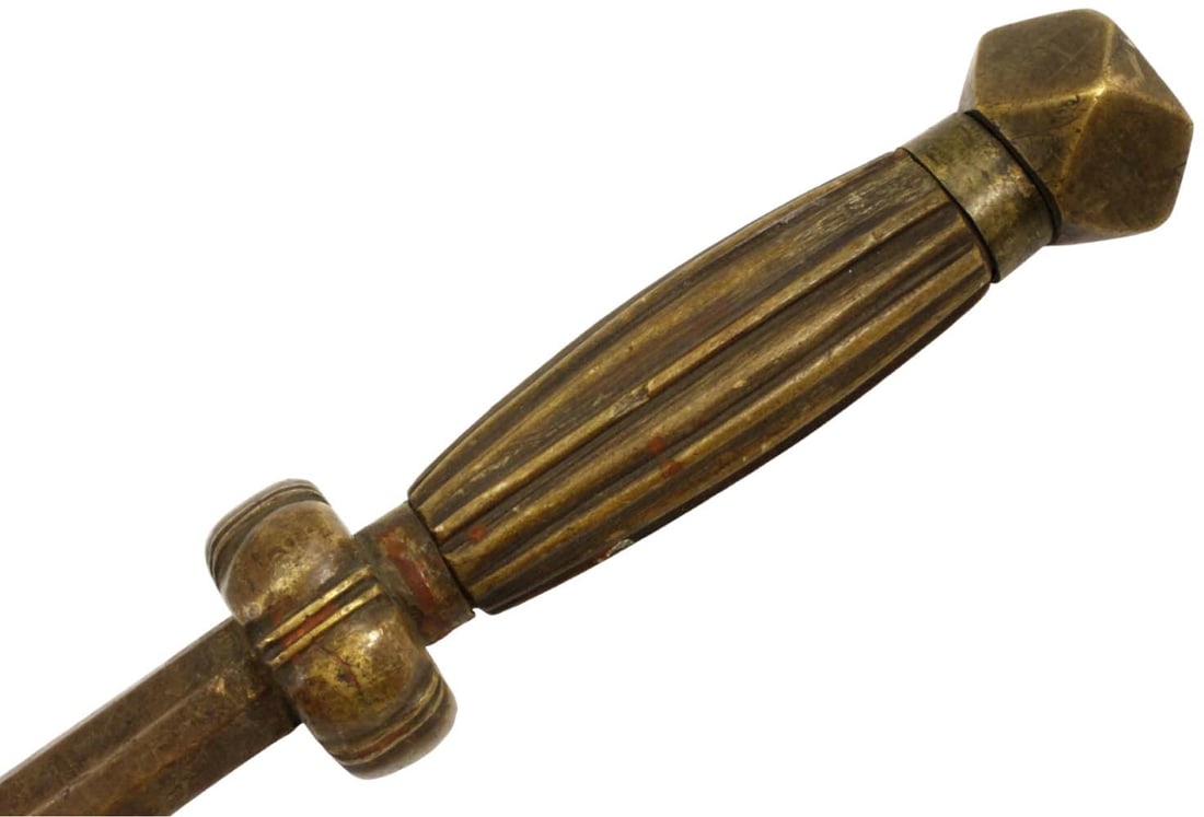 Rare 17th-19th C. Chinese Bronze War Mace Helmet & Sword Breaker with Fluted Carved Wood Grip. (1 of 20)