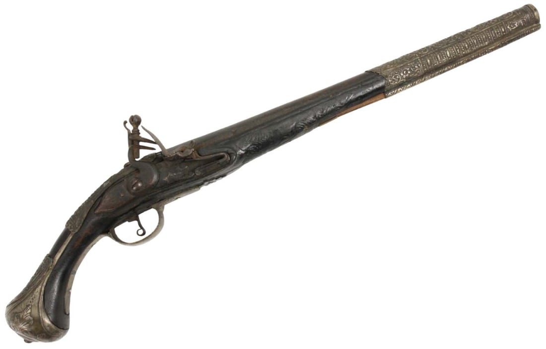 Very Good Large 18th C. Ottoman Turkish KUBUR Flintlock Pistol with Carved Dark Wood Stock &: Very Good Large 18th C. Ottoman Turkish KUBUR Flintlock Pistol with Carved Dark Wood Stock & Elaborate Silver Mounts. Barrel with Name & Markings. Impressive Large Pistol Surely Worthy of Being Used a