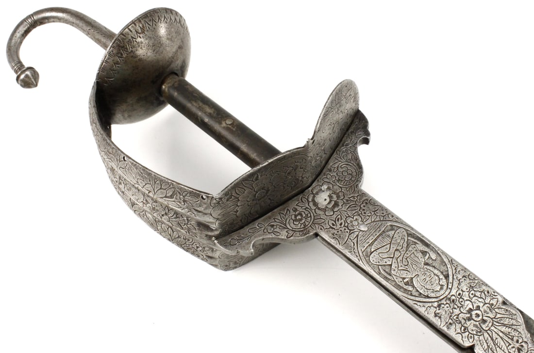 Exceptionally Long 18th-19th C. Mughal Indian FIRANGI or KHANDA Sword with Wonderful Engraved: Exceptionally Long 18th-19th C. Mughal Indian FIRANGI or KHANDA Sword with Wonderful Engraved Decorations and ENORMOUS 17th C. European Backsword Blade. An Extremely Impressive and Battle-efficient Mo