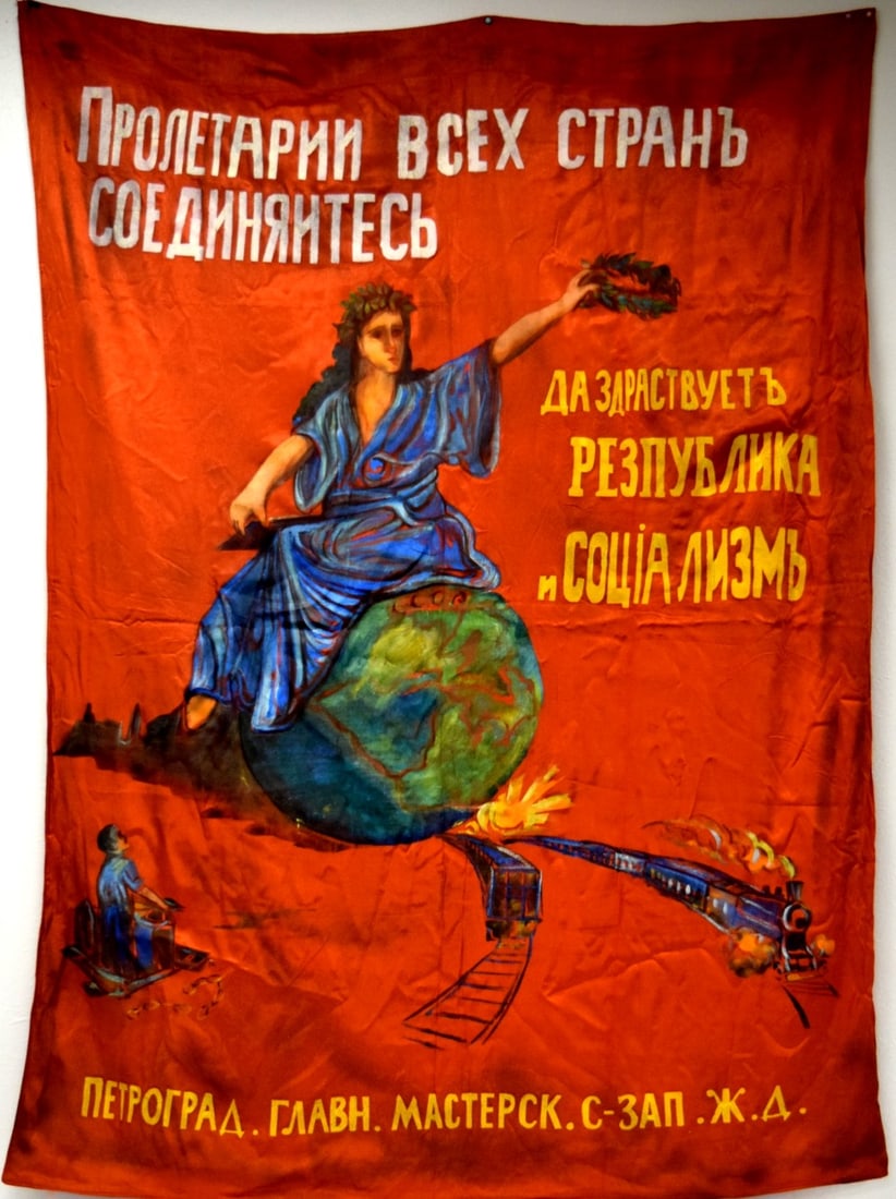 Rare Early Soviet Large Flag Banner with Socialism Propaganda Painted on Silk. Russian Civil War era (1 of 16)