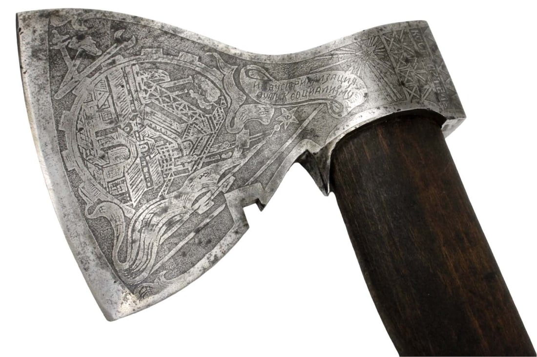 Exceptionally Rare Early Soviet Russian Agitation Axe with Fascinating Etched Motives, Made in (1 of 19)