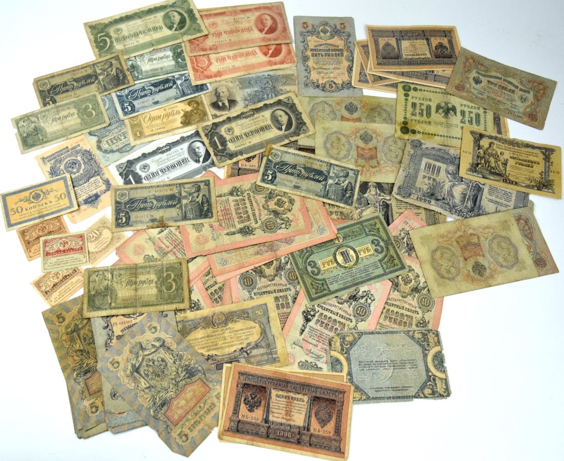 Large Lot of Russian Imperial and Early Soviet Money Banknotes.  Total 89 pieces. (1 of 20)