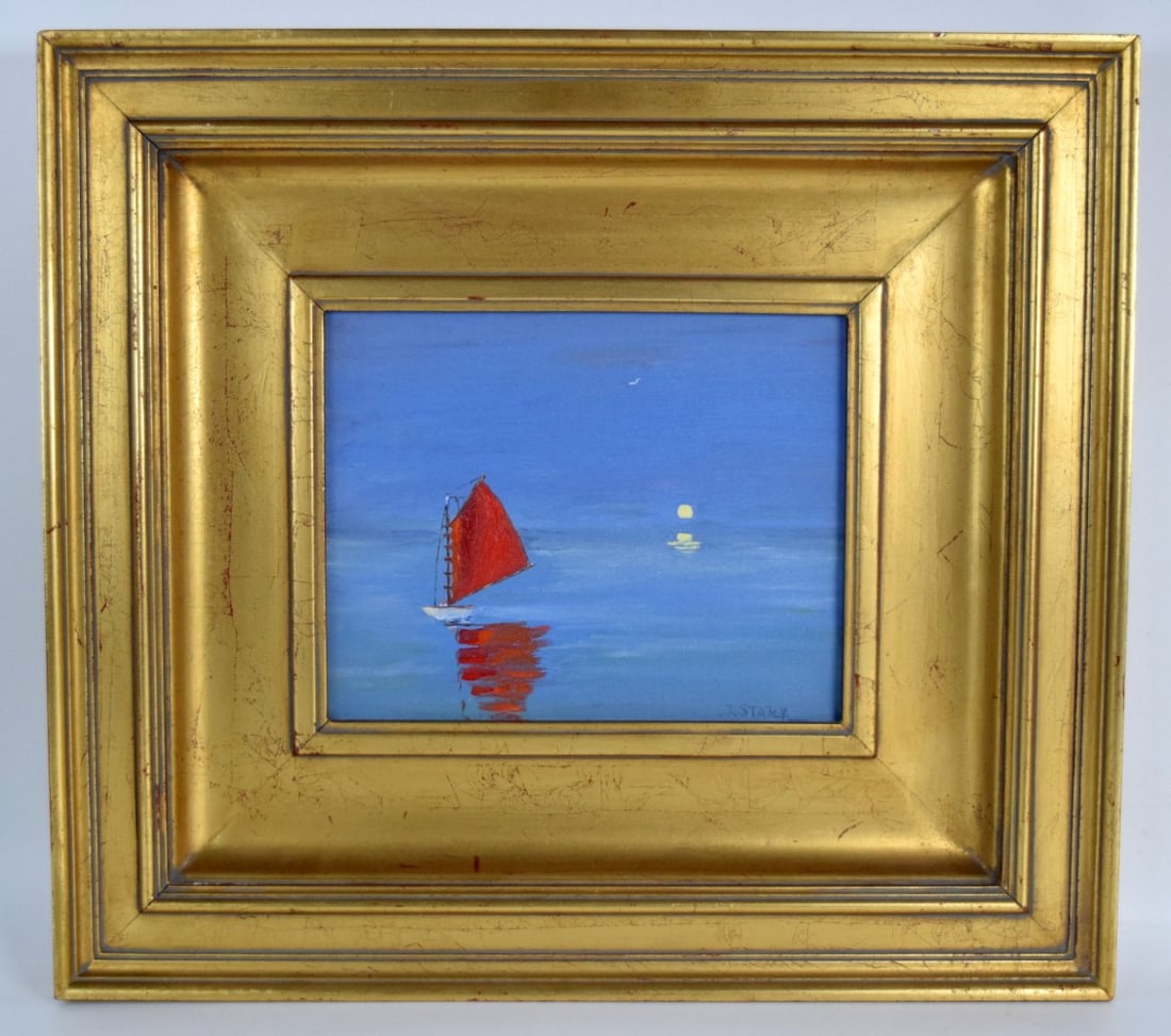 American Robert Stark Jr. Red Sailboat Oil On Canvas Painting (1 of 8)