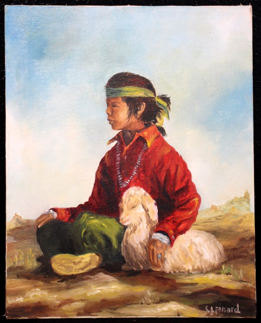 Nice Vintage Oil Painting of a Native American Indian Boy with Jewelry Hugging a Lamb. Signed ''S.J. (1 of 8)