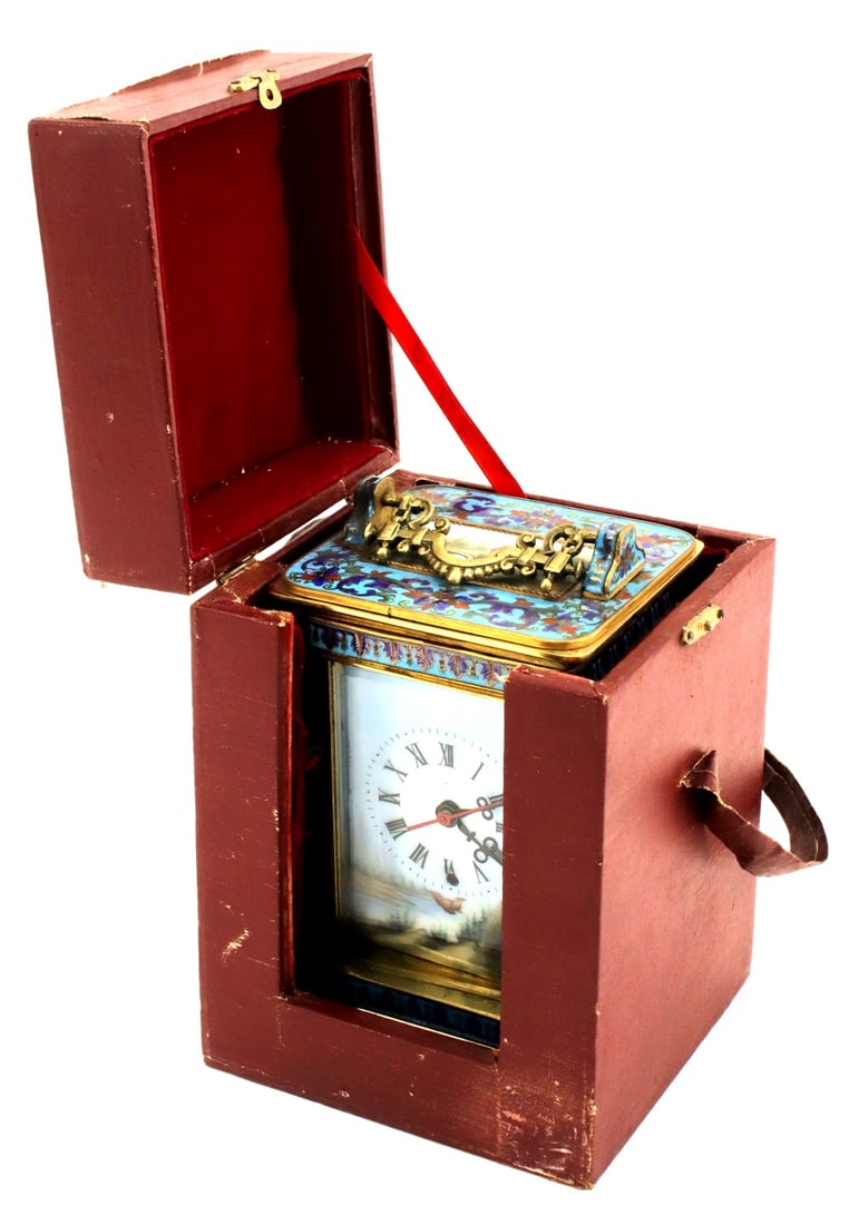 FRENCH-STYLE CHAMPLEVE CLOISONNE CARRIAGE CLOCK SIDE FEMALE (1 of 12)