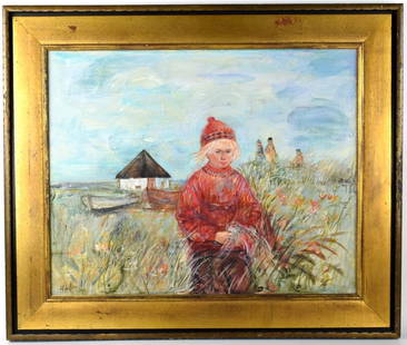 Original EDNA HIBEL PLOTKIN Oil on Board Boy In Sea Village: Original oil on board "Boy In Sea Village" by listed American artist Edna (Hibel) Plotkin (1917-2015). Size: Framed: 32 1/4" x 38 1/4"; Unframed: 23 3/4" x 29 1/2".Edna Hibel, a painter of sentimental