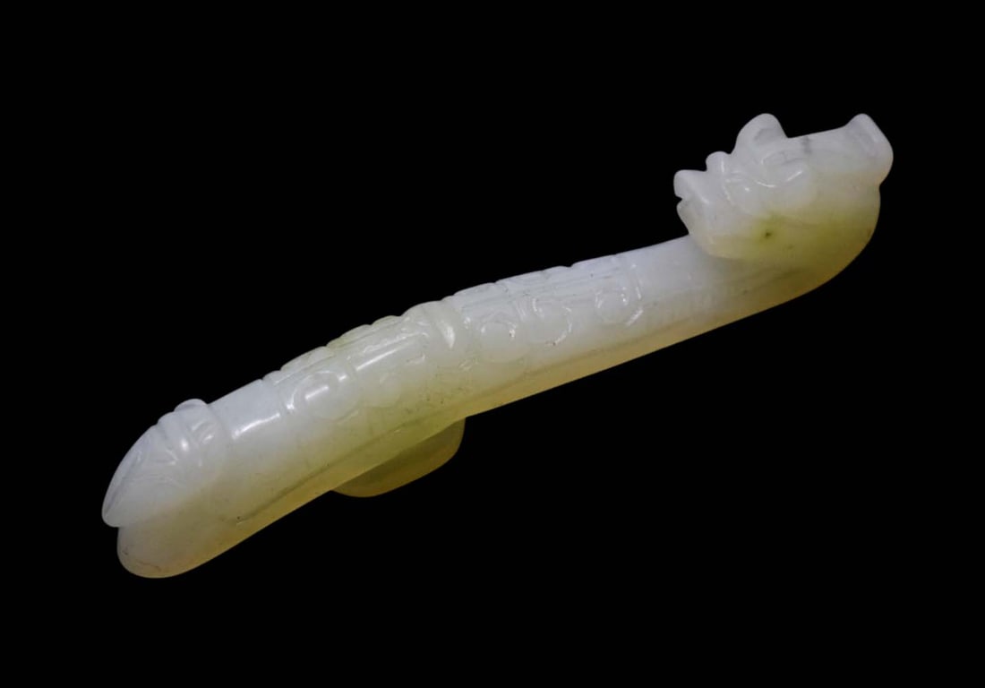 19th C. Chinese Carved Mutton Jade Dragon Belt Buckle (1 of 6)