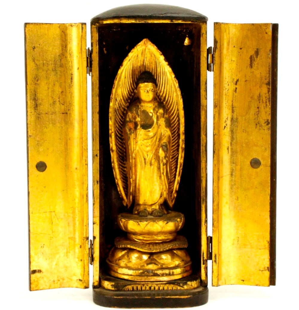 Japanese Travel Buddha In Zushi Shrine 19th Century: Japanese Meiji Era Hand Carved Wooden Statue of The Buddha in a Black lacquered and gilded portable shrine known as a Zushi. Black lacquer cabinet with painted and gilded bodhisattva. Buddha is carved