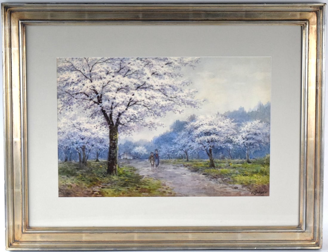 Japanese A.Yoshida Watercolor Painting: Very fine watercolor painting "Ueno Park in Tokyo during cherry blossom season" by listed Japanese artist A. Yoshida.A. Yoshida (19th/20th Century) was active / lived in Japan. A Yoshida is known for 