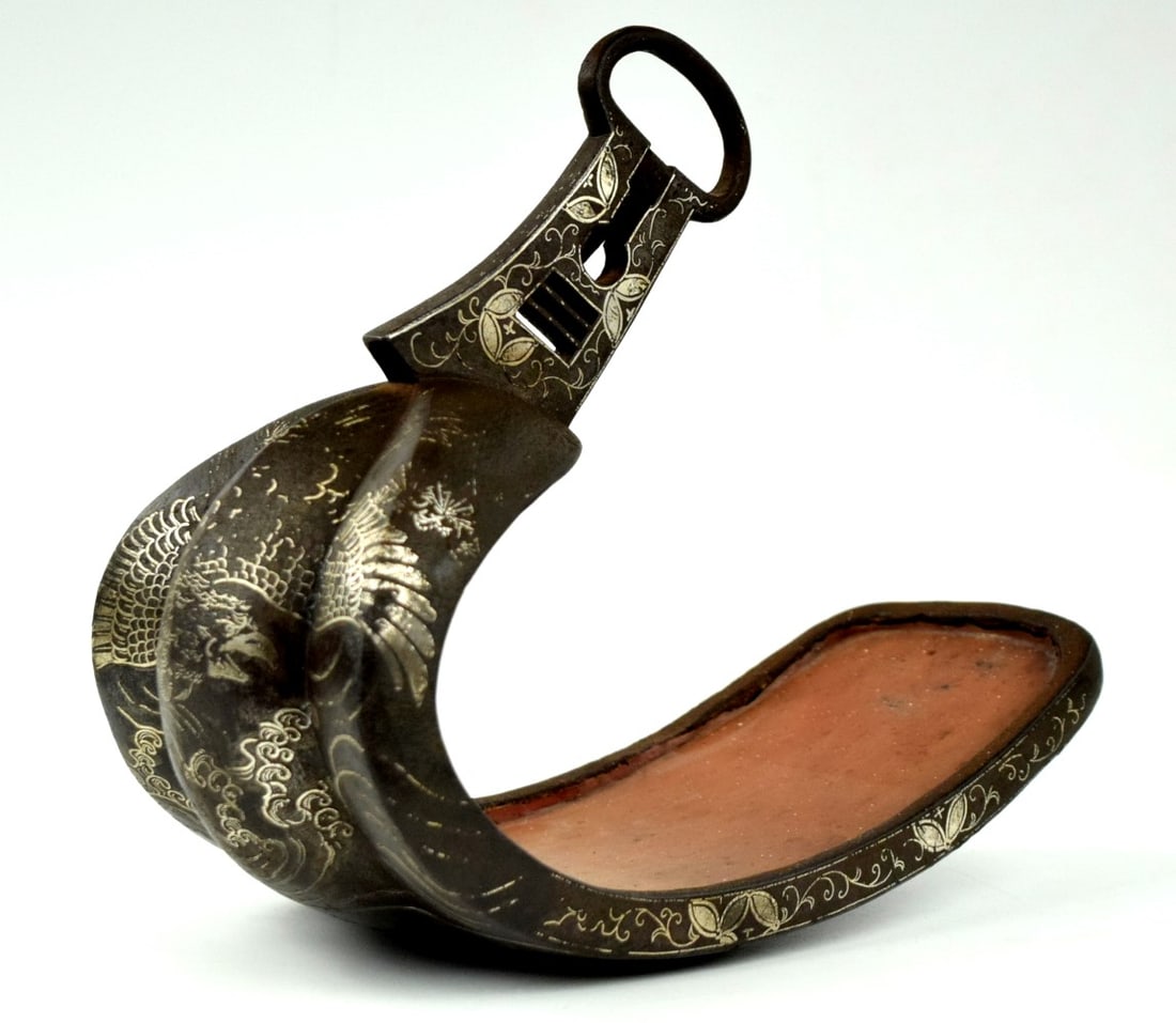 Beautiful Edo Period Japanese Samurai ABUMi Stirrup with Exquisite Silver Inlays of Large Hawk in (1 of 12)