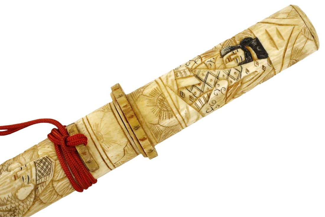 Japanese MeiJi era Tourist TANTO Dagger in Carved Bone Mounts Depicting Geisha & Wisemen.: Japanese MeiJi era Tourist TANTO Dagger in Carved Bone Mounts Depicting Geisha & Wisemen. Total length (inside scabbard if present) : 12", Blade length : 6". ~ . Detailed condition reports are not inc
