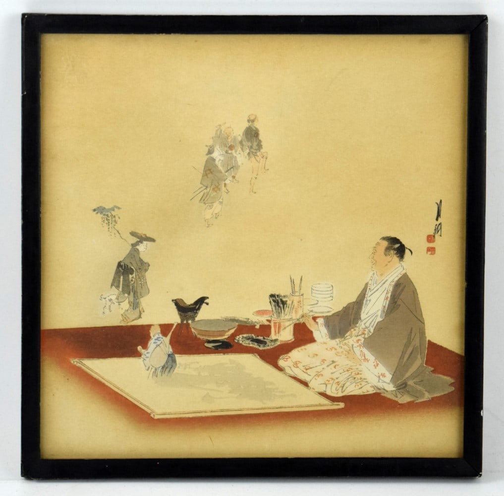 Antique Japanese Woodblock Print of a Samurai Artist Painting on the Wall. Signed. (1 of 4)